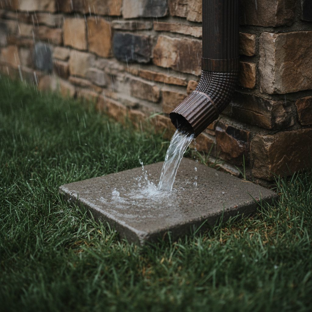 Downspout discharging water onto a splash block away from a foundation