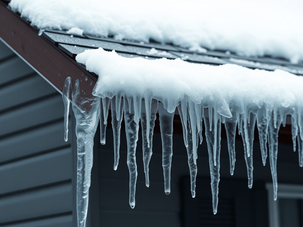 Ice dam and icicles along a roof edge in winter